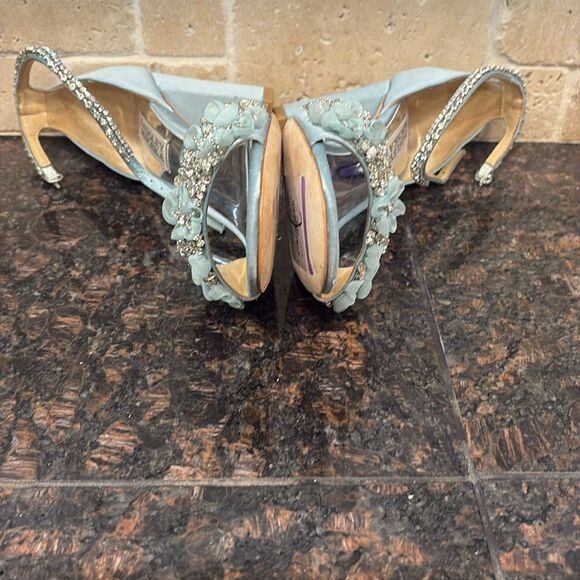 Badgley Mischka Clara embellished strap block heel blue satin heel Size 6 $235 - Picture 8 of 11